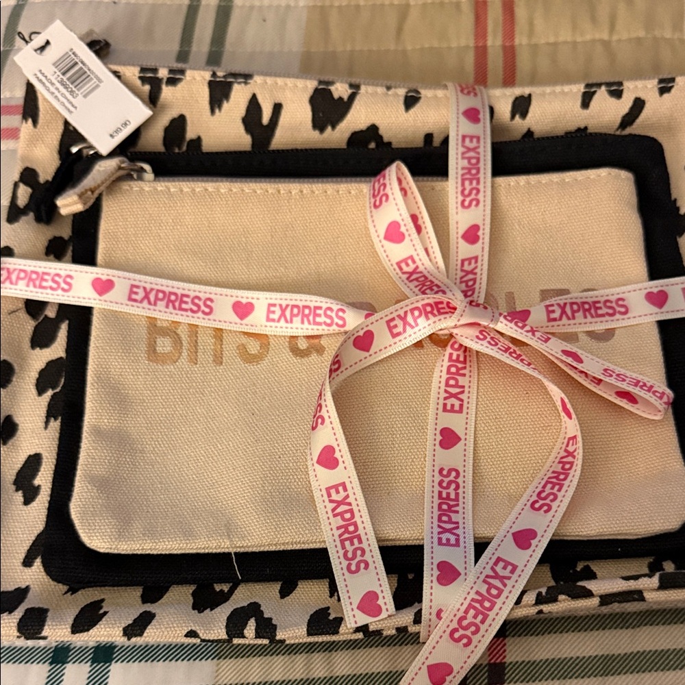 Express Black and Cream Leopard Print Pouch Set